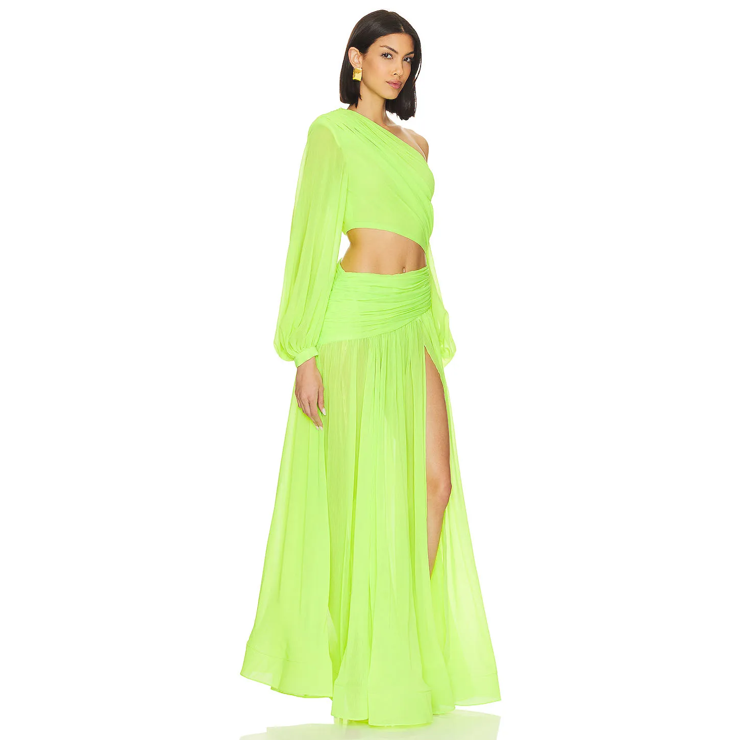 Sexy Neon Green Women Dresses with Sleeves Floor Length 2 Pieces Fashion Chiffon Prom Gowns High Split Custom Made