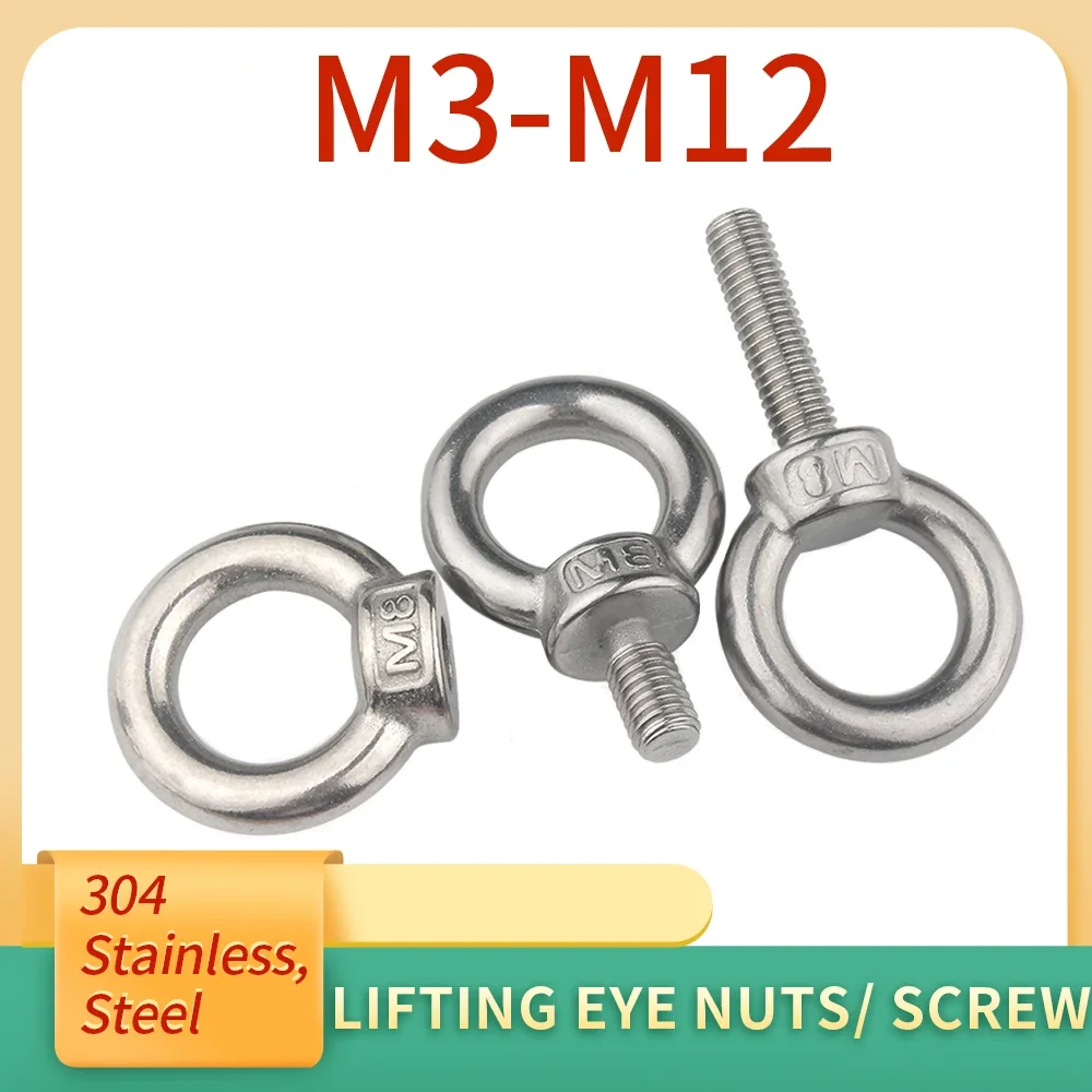 1-2Pcs M3 M4 M5 M6 M8 M10 M12 Lifting Eye Nuts/ Screw 304 Stainless Steel Ring Eyebolt Ring Hooking Nut Screws