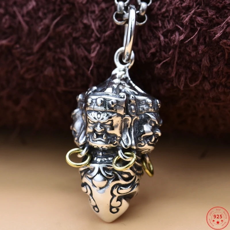 

S925 Sterling Silver Pendants for Women Men Tibetan Three Headed Mahakala Vajra Pestle Buddhist Amulet Jewelry Free Shipping