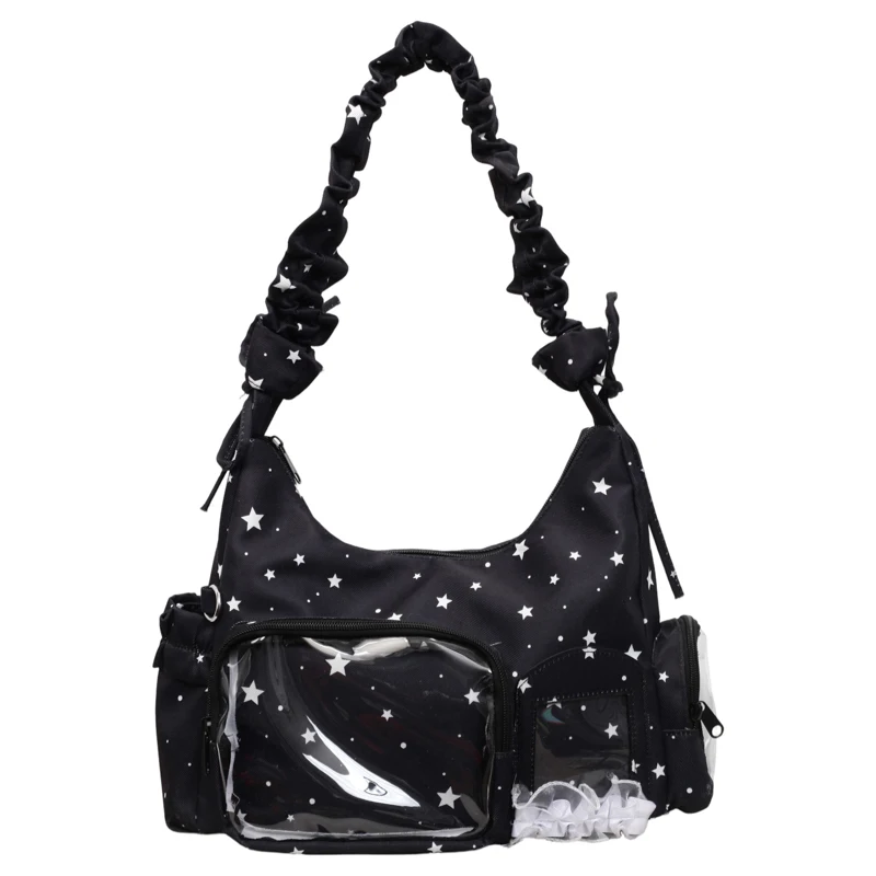 Women Canvas DIY Badge Crossbody Bag Multiple Pockets Cartoon Tote Handbag JK Shoulder Bags for Shopping Travel Work Daily Use