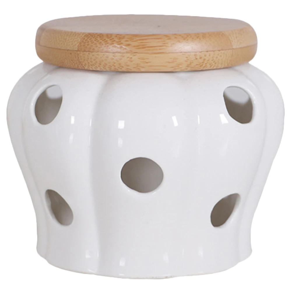 

Ceramic Garlic Storage Jar Bamboo Lid Hollow Vented Kitchen Container For Ginger Onion Seasonings Keeper Countertop