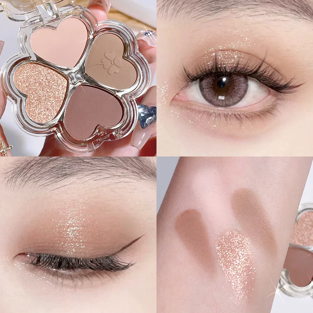 Paleta de sombra de ojos de trébol, resaltador de cuatro colores, maquillaje de ojos de ensueño, sombra de ojos perlada fina, paleta todo en uno, rubor