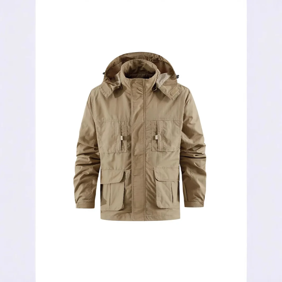 

2025 autumn men's casual stand-up collar loose, multi-pocket, removable hat outdoor charging jacket