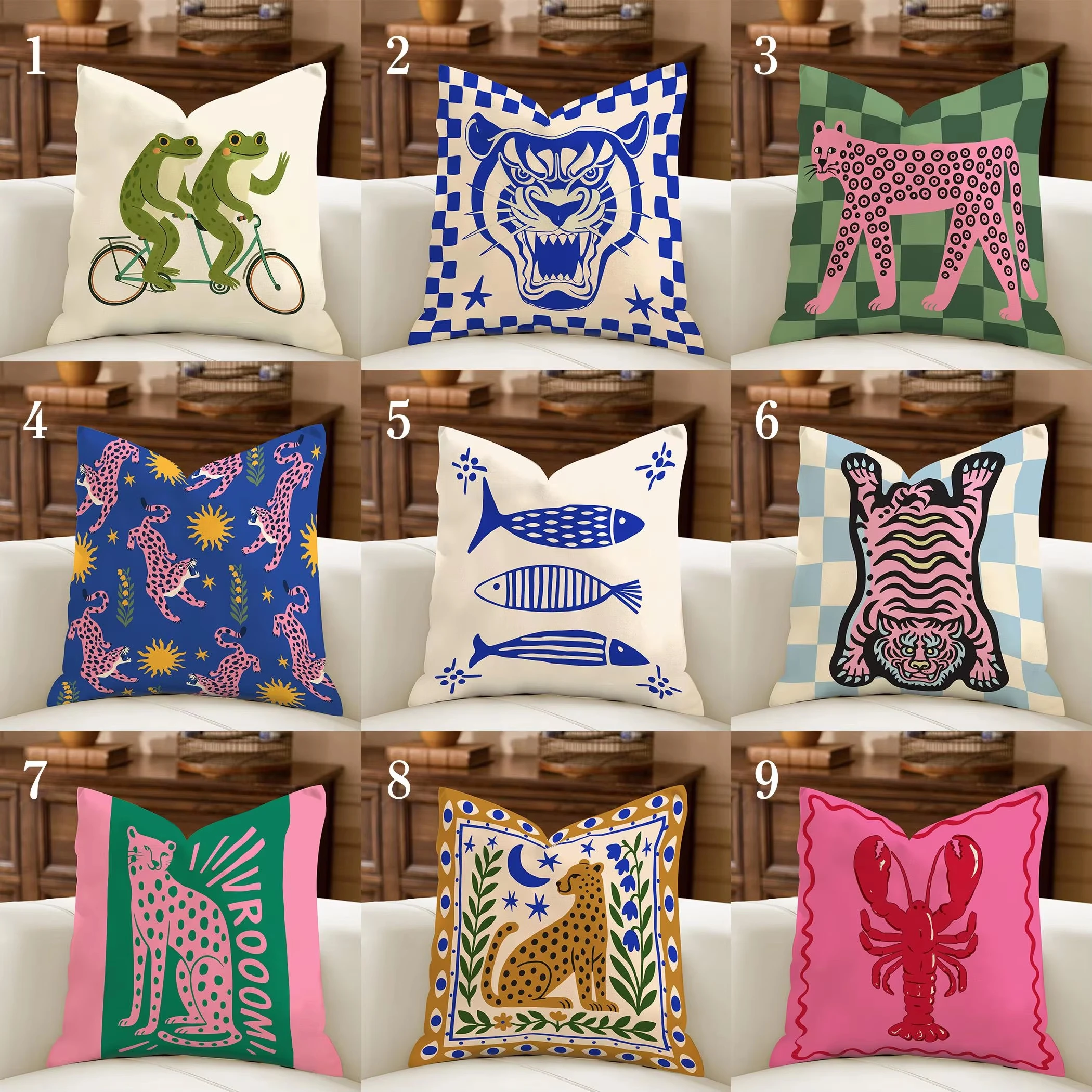 Funky Animal Pillow Cover, Eclectic Folk Art Tiger Frog Cheetah Cushion, Maximalist Dopamine Decor Whimsical Sofa Pillowcase