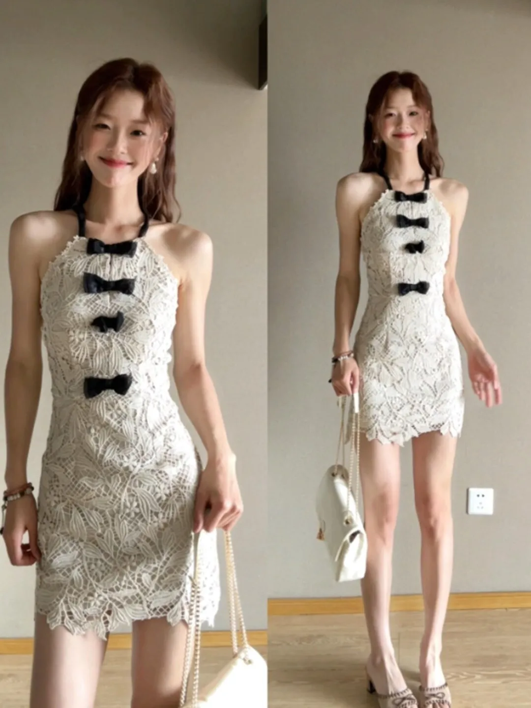 

Elegant Lace Trim Bodycon Dress Fashionable Summer Outfit Unique Style Knot Shoulder Bridesmaid City Commute Casual