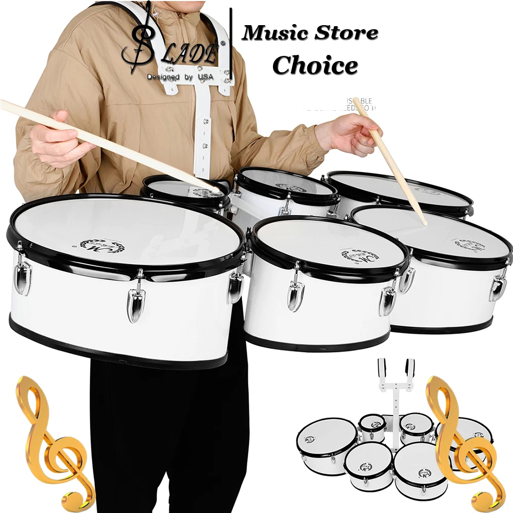 6-Piece Marching Drum Set with Carrier–Multi-Drum Sextet Toms with Sticks Keys & Wrenches for Marching Band Playing Practice