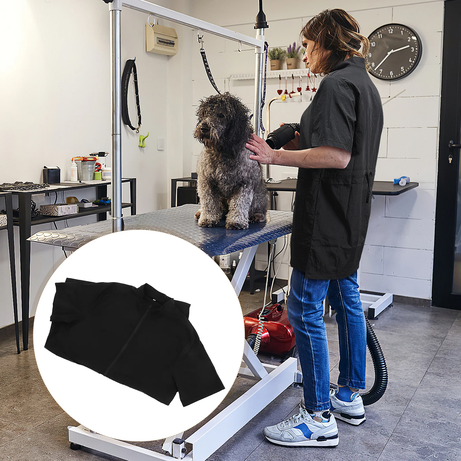 

Waterproof Pet Grooming Uniform Short Sleeve Apron Black Smock Full Zipper XXL Size Nylon Protective Vest Pet Shop Bath