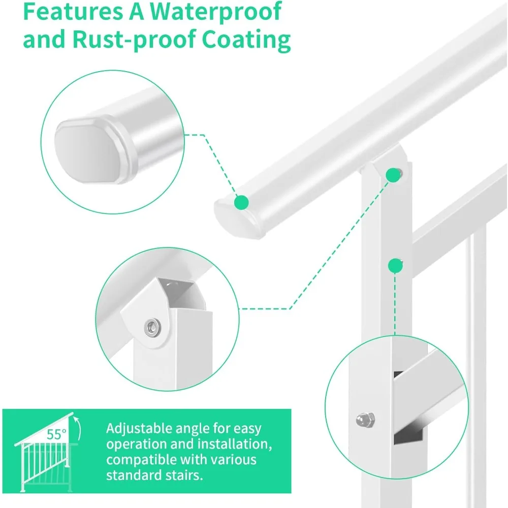 Barandilla de escalera exterior de metal blanco con pasamanos ajustables para 1-4 escalones, completa con kit de instalación