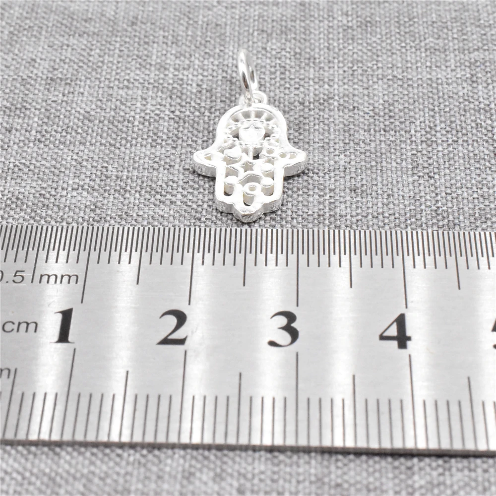 1 Piece Shiny Hamsa Hand Charm Double Sided in 925 Sterling Silver for Bracelet and Necklace Making
