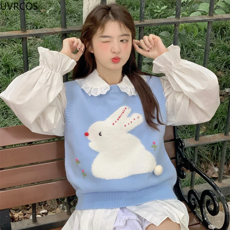 Sweet Lolita Knitted Sweater Vest Women Kawaii Bunny Print Flower Princess Crop Tops Y2k Aesthetics Knitwear Coat Cute Clothes