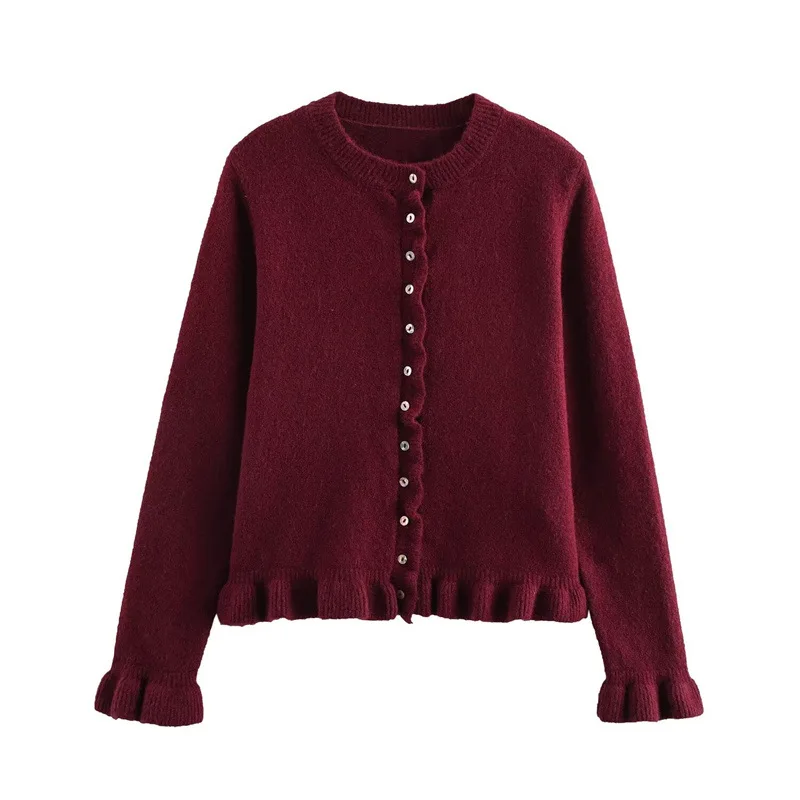 

FRAYA LAB Women's Ruffled Knit Cardigan Sweater O-Neck Long Sleeve Chic Top with Front Buttons Fashion Outerwear 2026 New