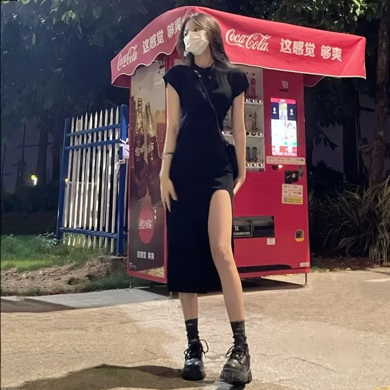 Summer Side-slit Dress Women Hotsweet Short Sleeve All-match Slim Mujer Harajuku Vestidos Solid High Street Y2k Chic Sexy Ladies