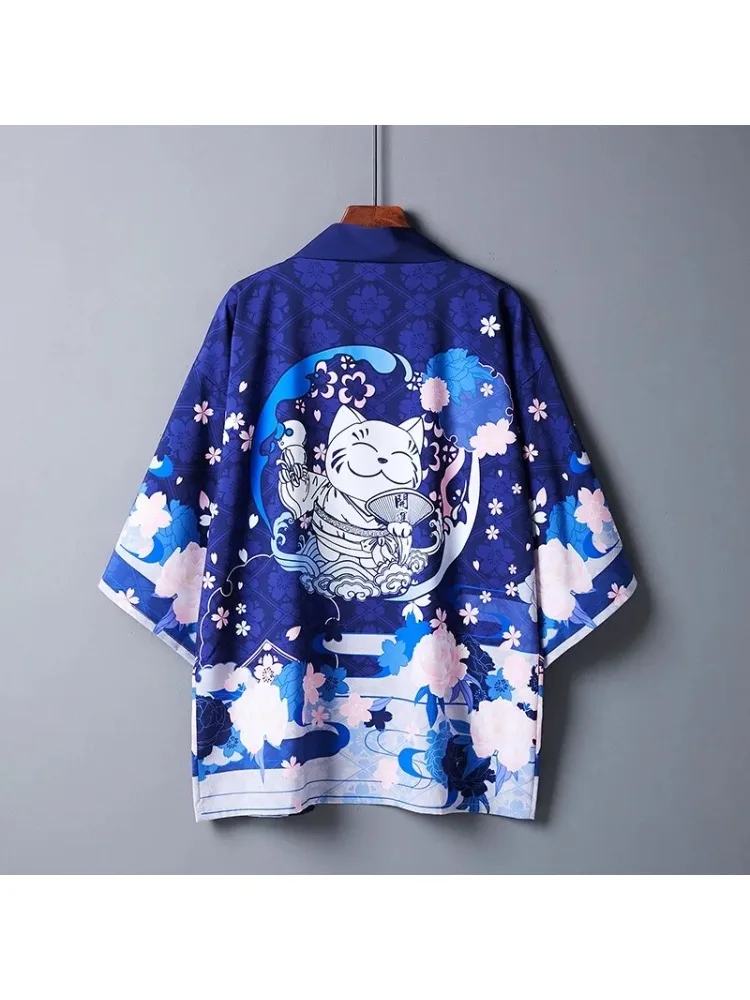 Kimono Cardigan Męski Yukata z Nadrukiem Kota Chiński Styl Japoński Płaszcz Samurajski Haori Tradycyjny Strój Cosplay Letnie Ubrania — zdjęcie 2