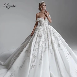 Liyuke Luxurious Shiny Embroidery Lace Sweetheart Ball Gown Wedding Dress Beading Pearls Appliques Off The Shoulder Bridal Gowns