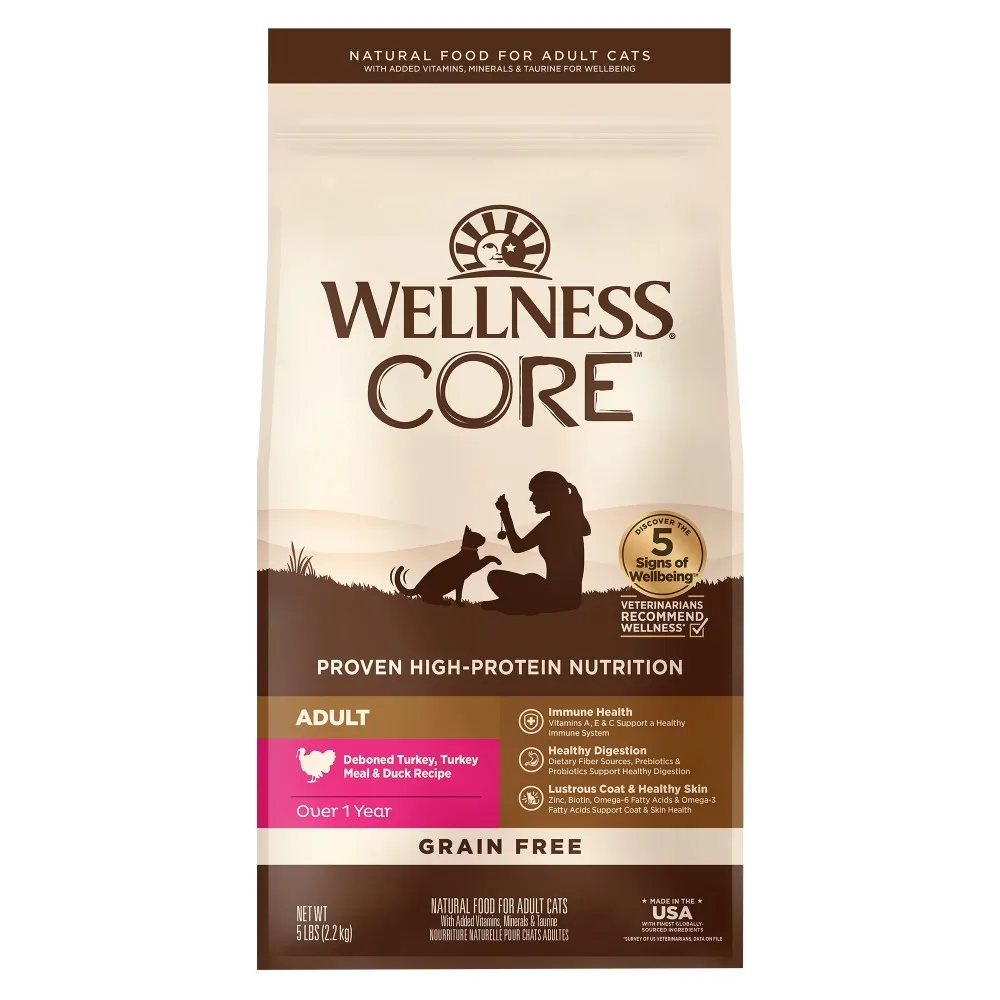 

Wellness CORE Grain-Free Turkey, Turkey Meal & Duck Formula Dry Cat Food, 5 Pound Bag