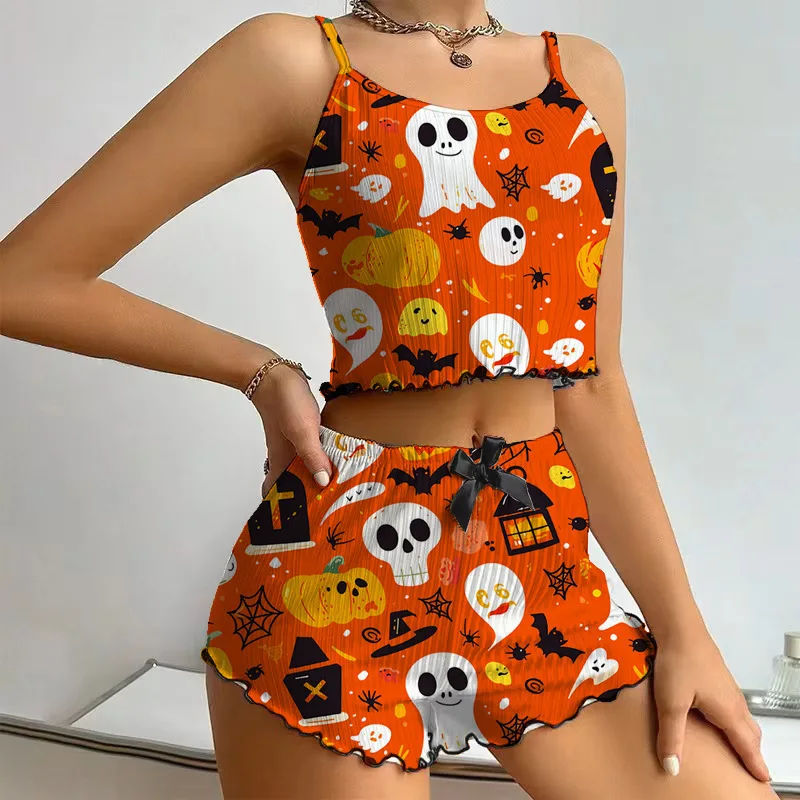 Halloween Women's 2Pcs Pajamas Set Spaghetti Strap Crop Cami Top+Shorts Pumpkin Ghost Candy Print Ruffle Sleep Outfit