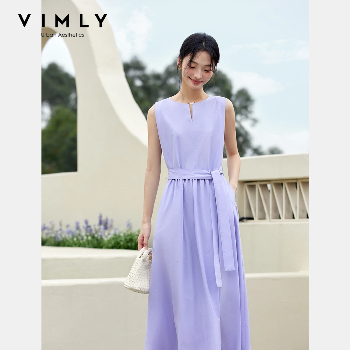 

VIMLY Long Vest Dresses 2025 Women's Summer French 100% Cotton A-line V-neck Wide Straps Tie Belt Sleeveless Woman Dress A1656