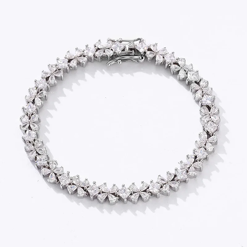 

S925 Sterling Silver High Carbon Diamond Clover Chain Bracelet Plated Platinum Fine Jewelry 7a Zircon Cuff Bracelets Bangle Girl