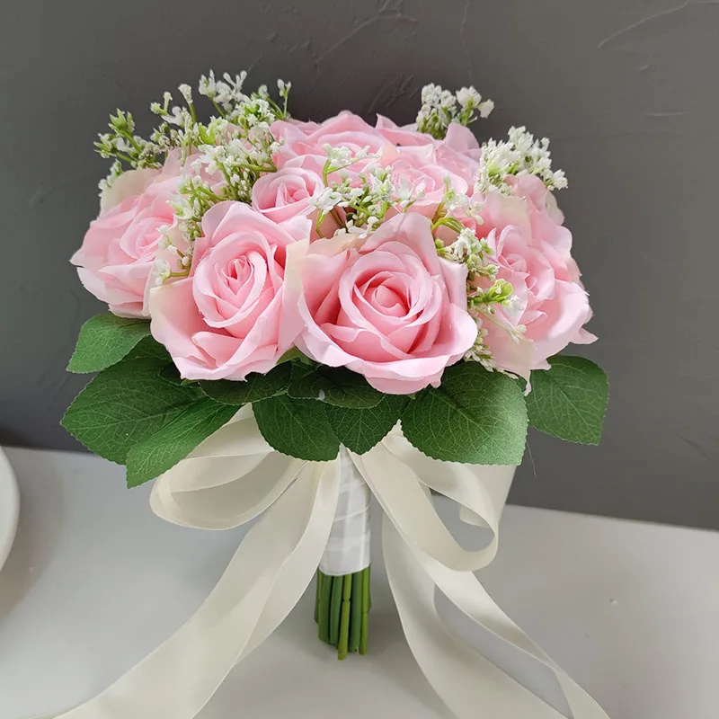 Bruid Boeket Witte Zijden Rozen Kunstbloemen Babysbreath Boutonniere Mariage Bruidsmeisjes Corsage Bruiloft Accessoires