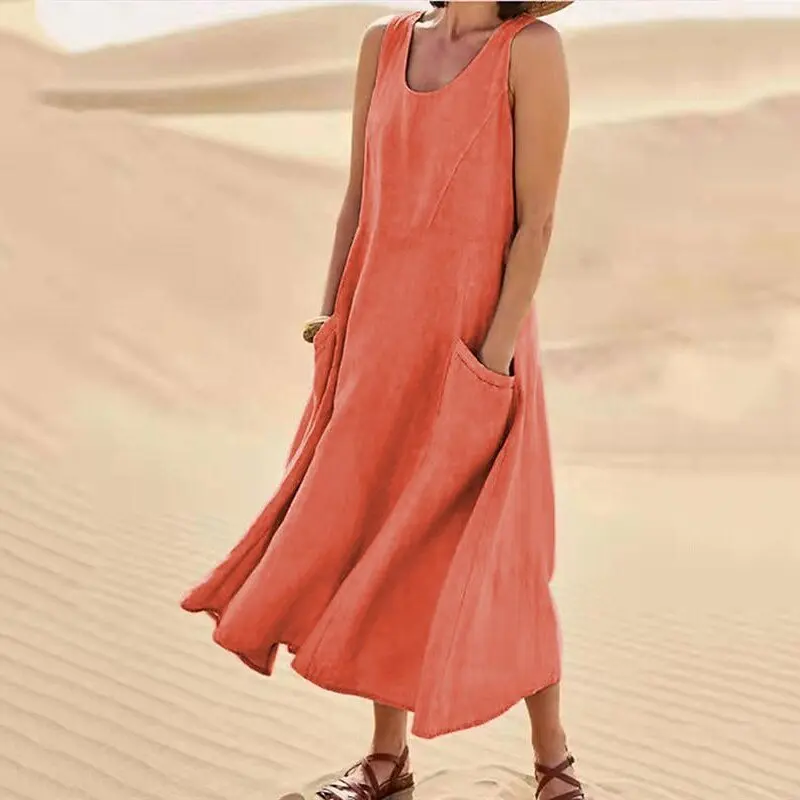 new Summer Women Sleeveless Sundress Elegant Round Neck Cotton Linen Solid Long Tank Dress Vintage Pockets Beach Vestidos 2023