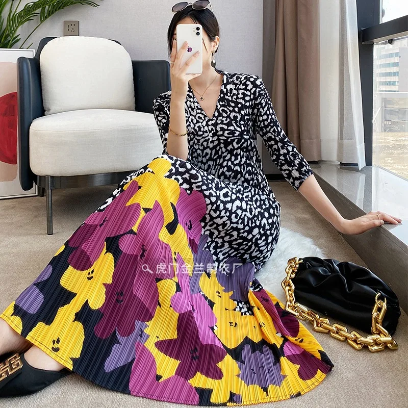 Miyake Pleated Retro Evening Dress Leopard Print Dress 2023 Spring and Autumn Large Size Fashionable Mid-Length Pleated Dress