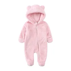 Winter Newborn Solid Color Clothing Warm Long Sleeve Baby Rompers Infant Pajamas Cotton Boys Girls Jumpsuit Bear Fleece Hooded