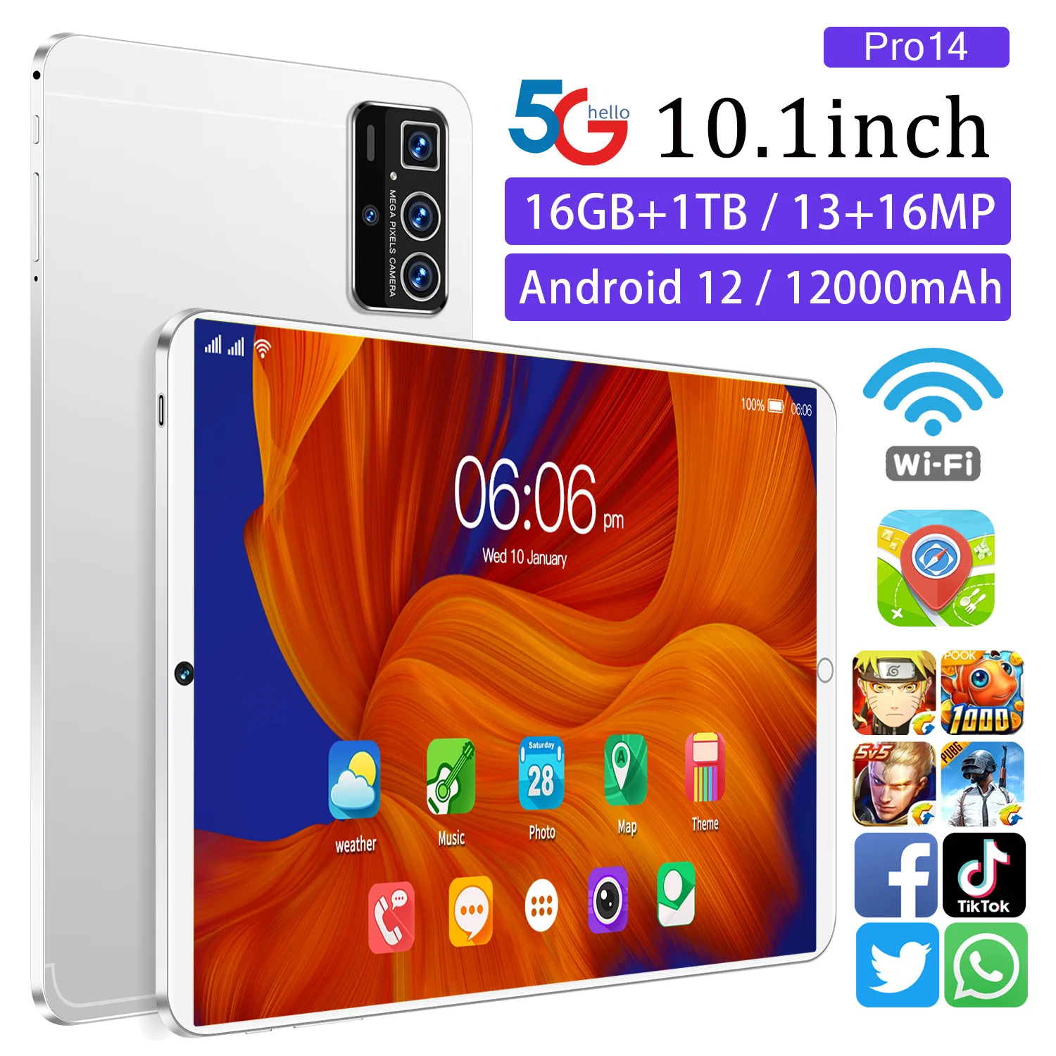 

Global Version Pro14 10.1 Inch Tablet Android 12 16GB 1T 12000mAh Dual SIM 10 Core WPS GPS Bluetooth 5G Network GPS Tablet PC