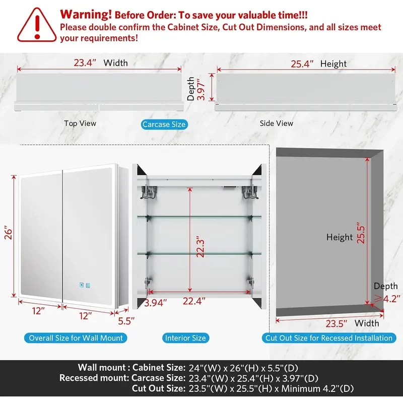 24x26 LED Mirrored Medicine Cabinet Recessed or Surface 2Door