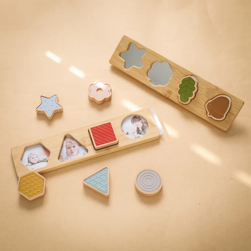 Montessori Wooden Shape Matching Puzzle Silicone Building Blocks Multifunctional Insertable Picture Tangram Wooden Toy for Babys