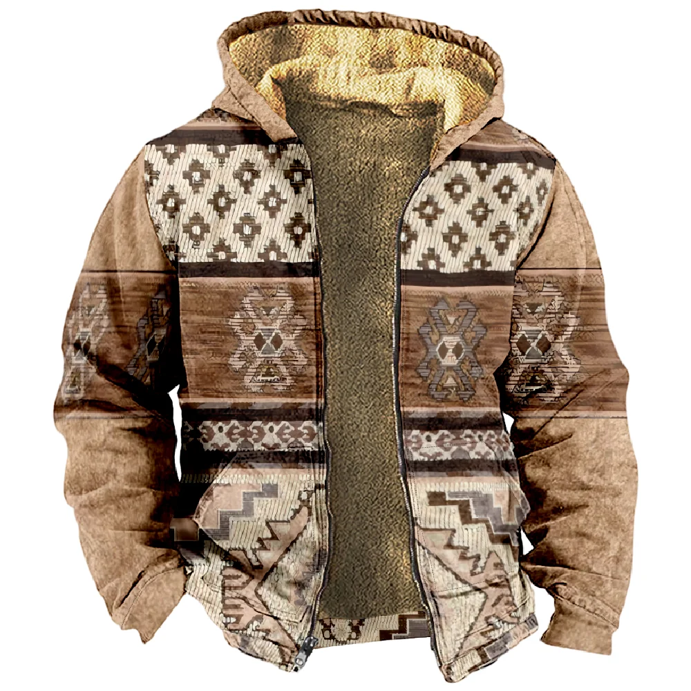 Men\'s Winter Jackets Fleece Male Coats Warm Hoodies for Men Tribal Native American Pattern Outerwear Chamarras Para Hombre 2024