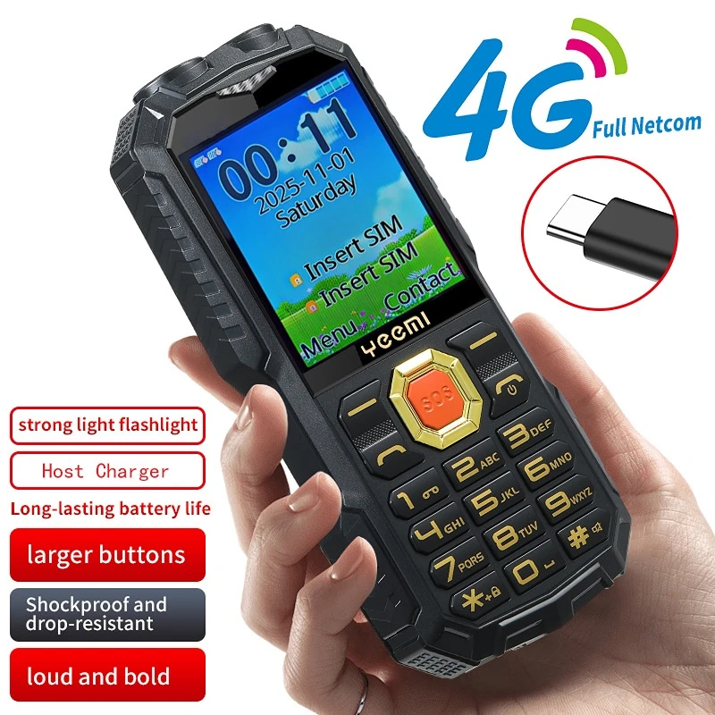 4G LTE Durable Elderly Phone Two Sim Big Keypad Large Battery SOS Call Speed Dial Flashlight Anti Smartphone with Power Bank