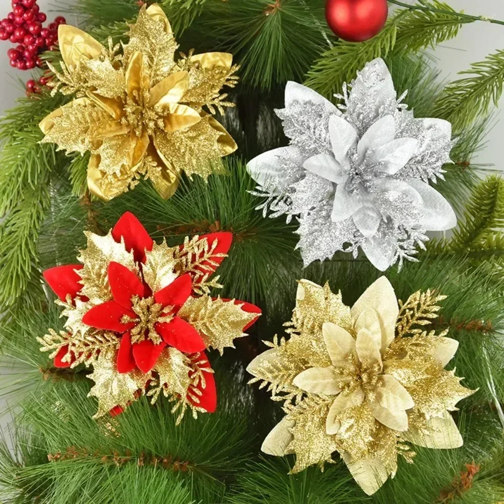 10/5Pcs 14cm Glitter Artificial Christmas Flowers Xmas Tree Ornaments Merry Christmas Decorations for Home New Year Gift Navidad
