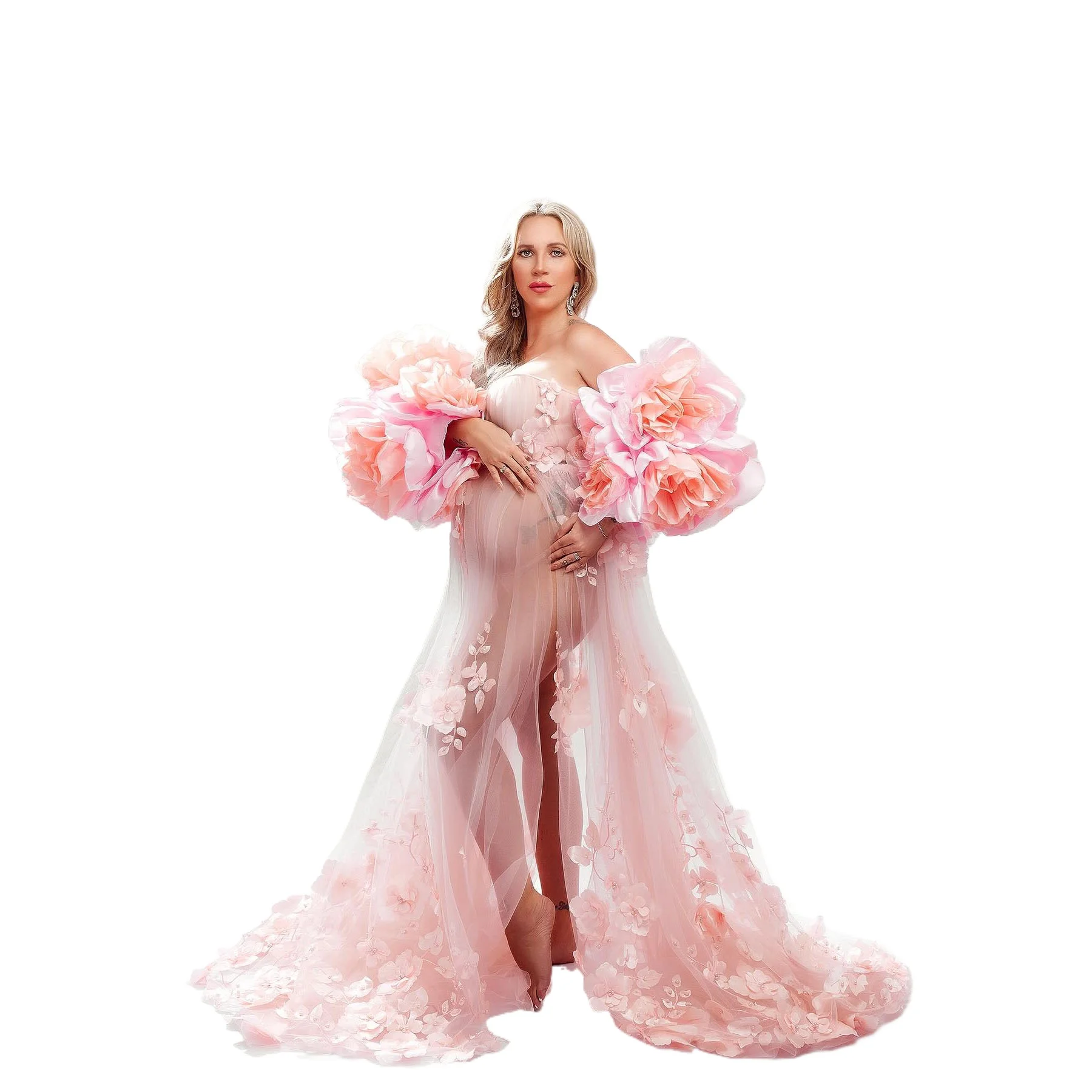 2025년 신상 우아한 스트랩리스 쉬폰 드레스, 오버사이즈 플로럴 소매, 파스텔 핑크 허벅지까지 올라오는 슬릿 파티 웨딩 임부복