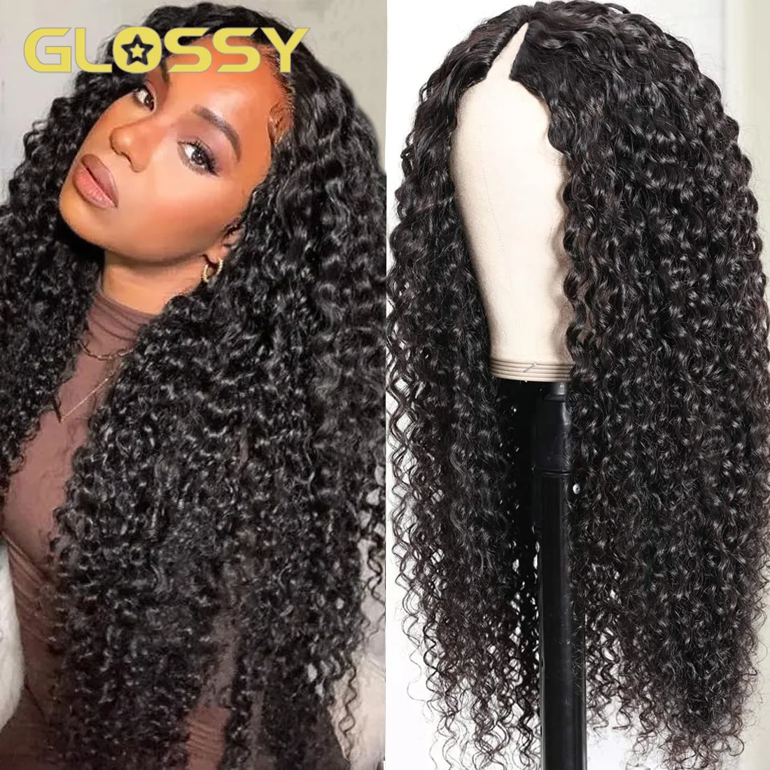 30 32 Inch Deep Wave V U Part Wig Human Hair No Leave Out Thin Part No Glue Peruvian Curly Human Hair Wigs for Women Water Wave