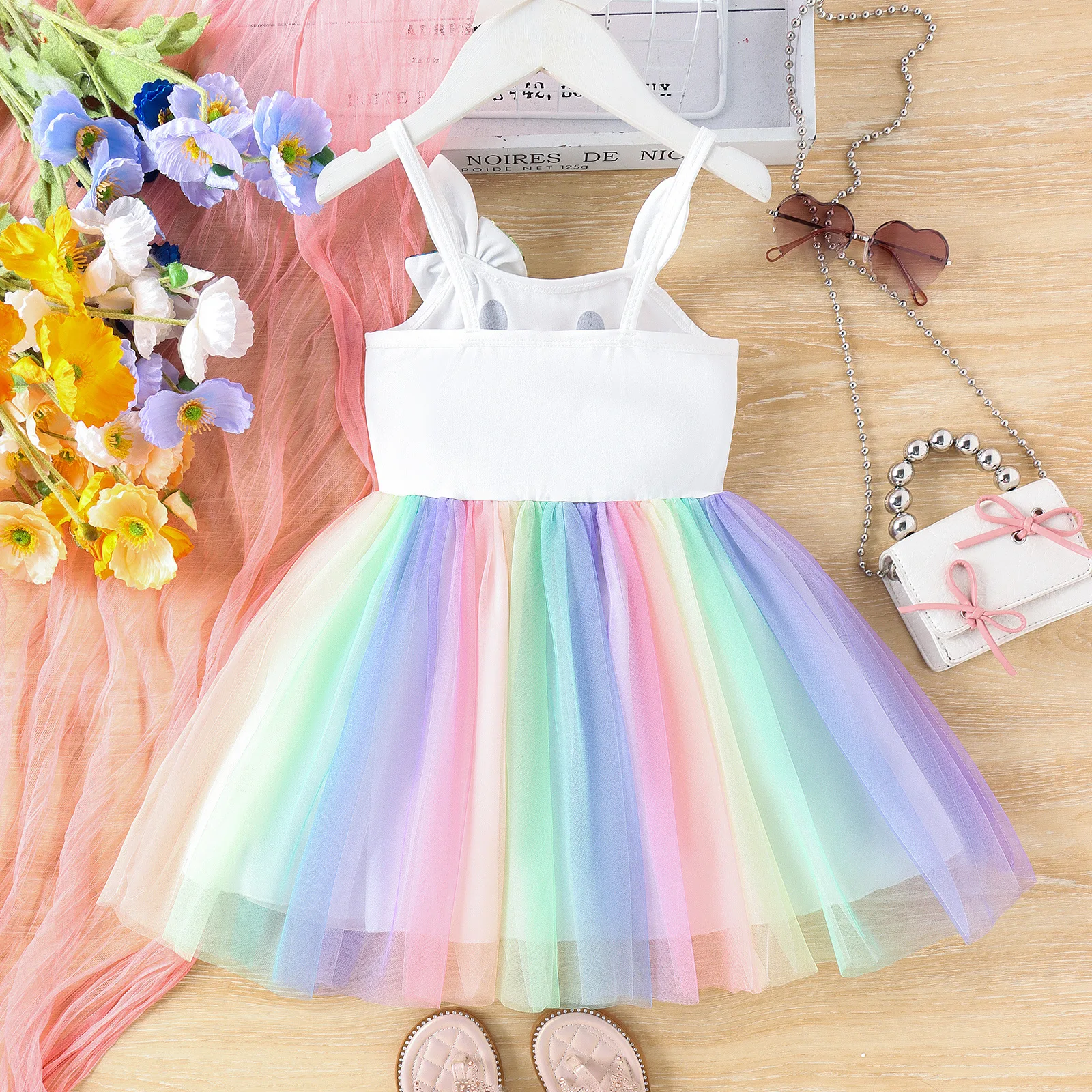 2024 New Summer Girls Casual Sling Dress Sleeveless Cartoon Rabbit Bow Gauze Patchwork Rainbow Princess Dresses Kids Clothing