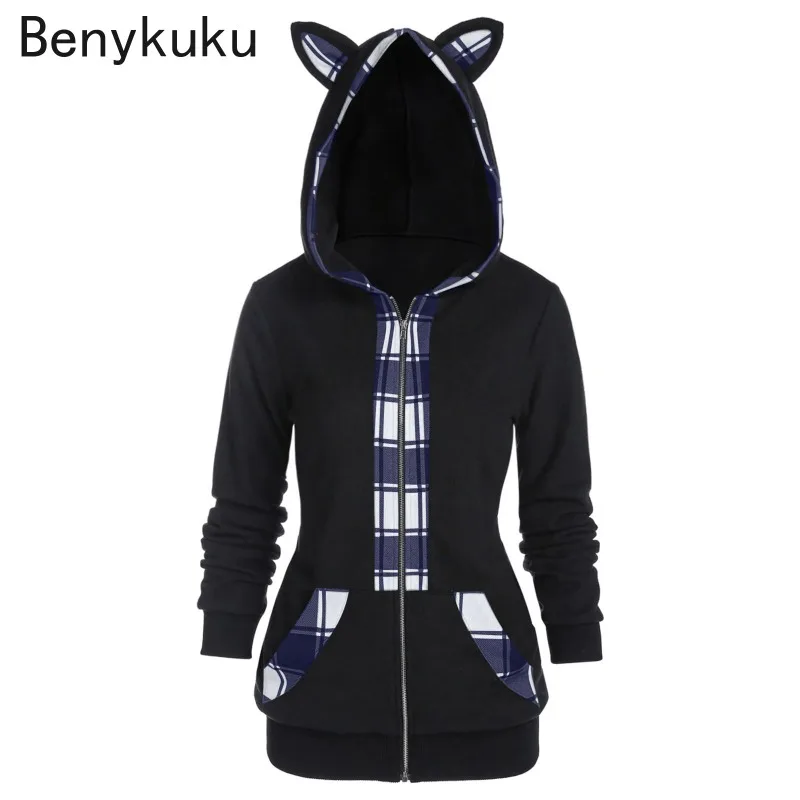 Women Long Sleeve Hoodies Kawaii Cat Ears Hooded Gothic Punk Harajuku Gothic Black Plaid Sweatshirts 2024 Aumnt Winter Coat