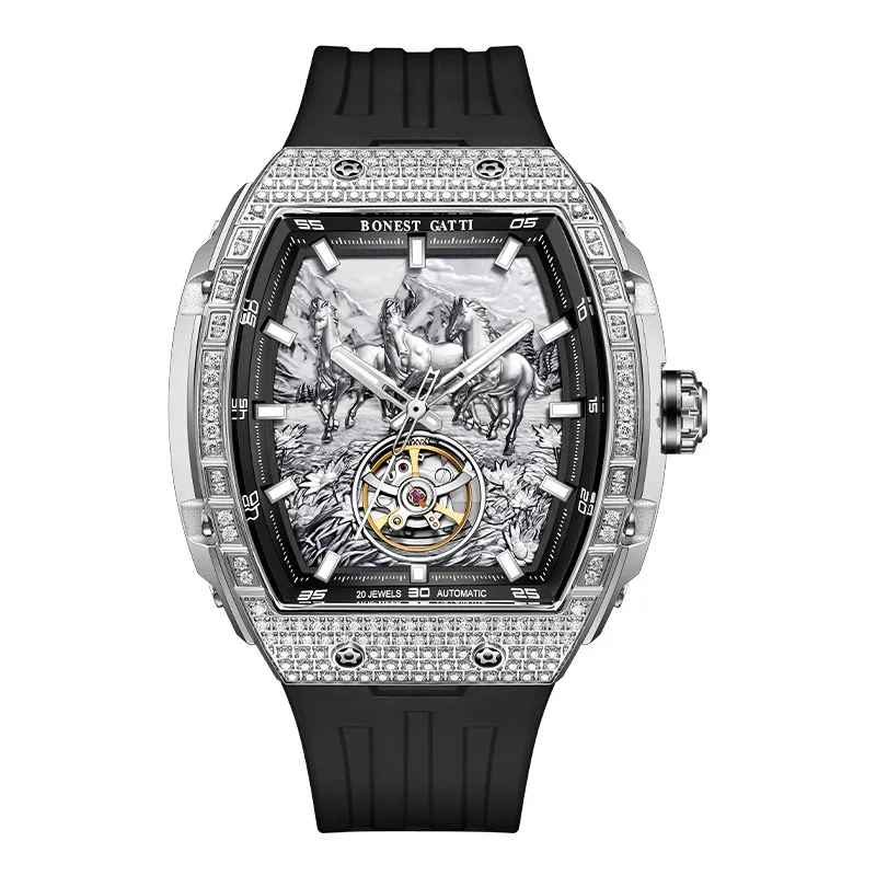 BONEST GATTI Men Automatic Watch 47mm Tonneau Mechanical Wristwatch Waterproof Sapphire Luminou Fluororubber Strap Horse Dial