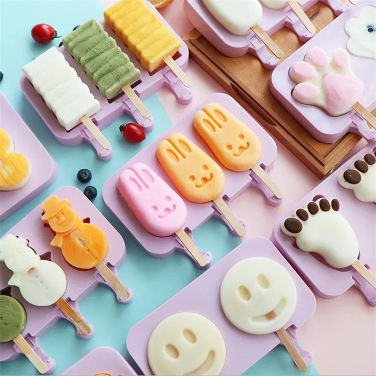 Silicone Ice Cream Mold with Lid Animals Shape Jelly DIY Homemade Cute Cartoon Ice Cream Reusable Popsicle Stick Ice Moulds