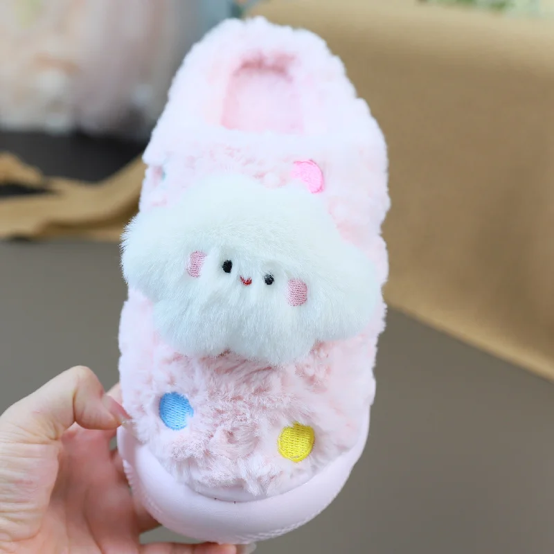 Winter Warm White Cloud Slippers Home Woman High Heels 5cm Thick Bottom Fur Slides Non-slip Ladies Warm Half Wrap Indoor Shoes - Image 2