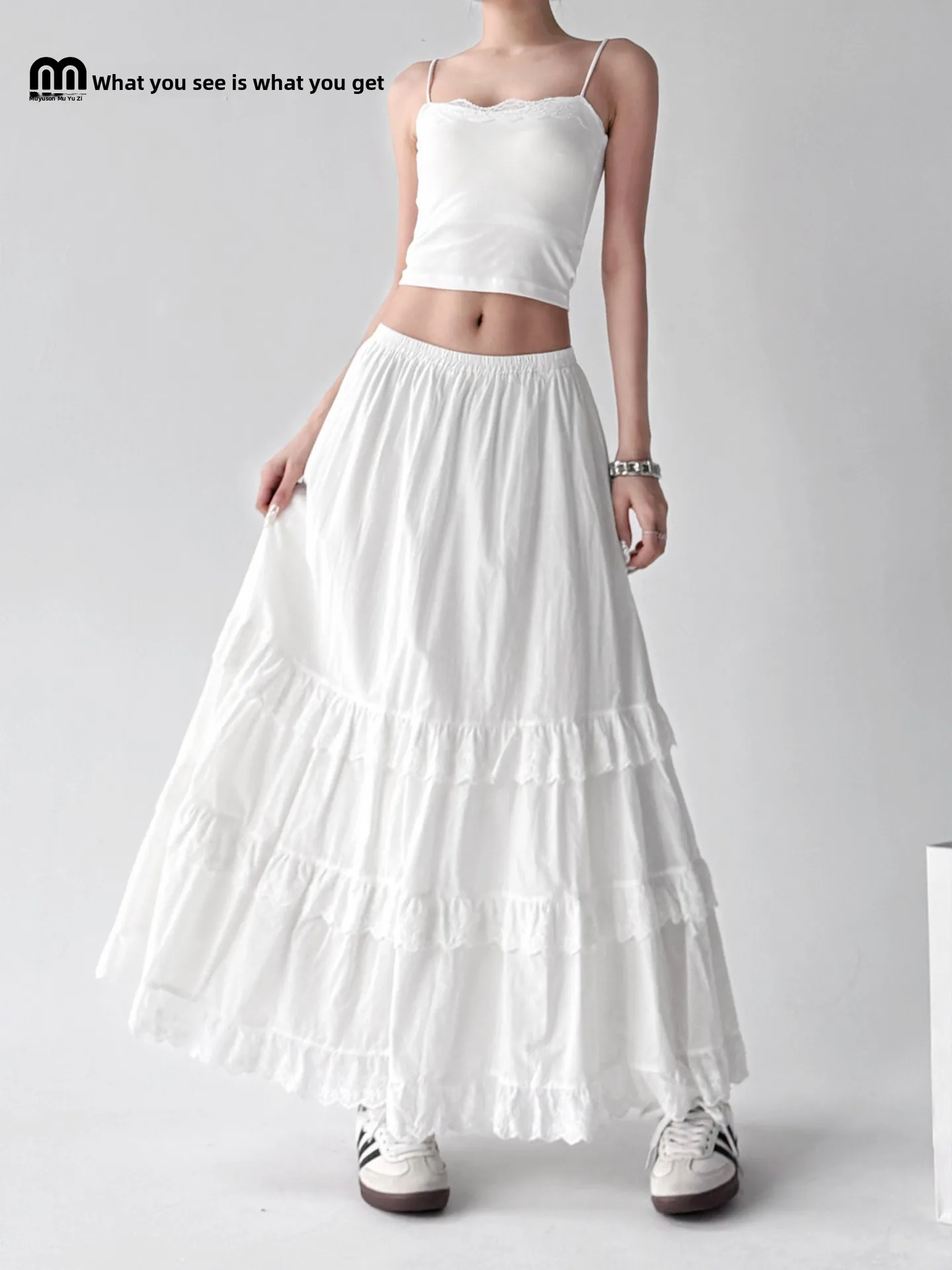 

Белая юбка-полусолнце с кружевной отделкой, женская, с завышенной талией, дизайнерская, стройнящая, длинная, модная, премиум-класса