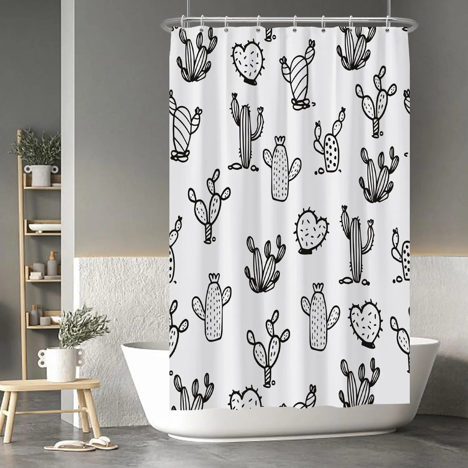 

Cartoon Cactus Shower Curtain Tropical Plants Mexican Texas Minimalism Black and White Decorative Artistical Shower Curtains for