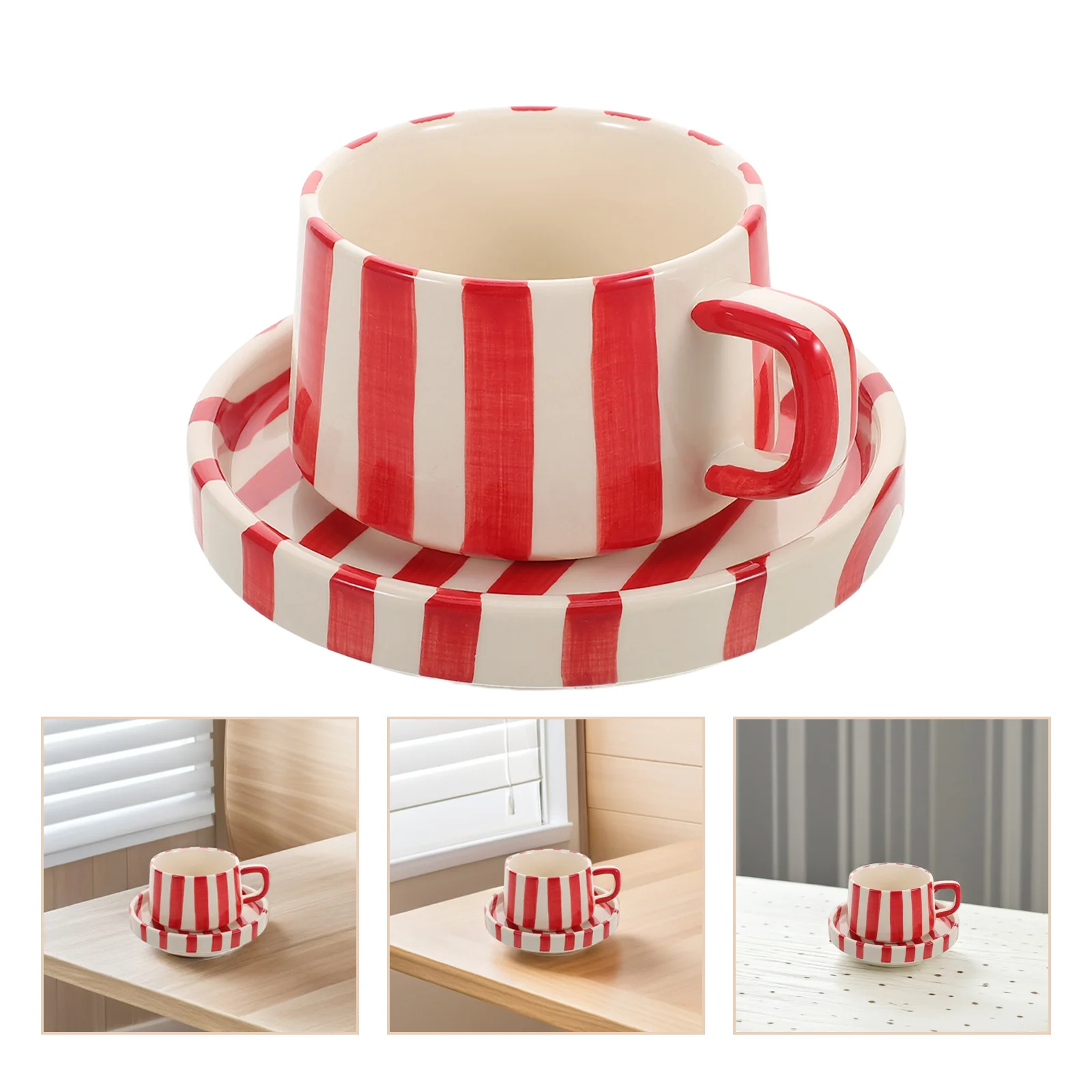 

1Set Ceramic Coffee Mug and Saucer Set Striped Design Latte Art Tea Office Use Coffee Mug with Plate Tea Cup Set