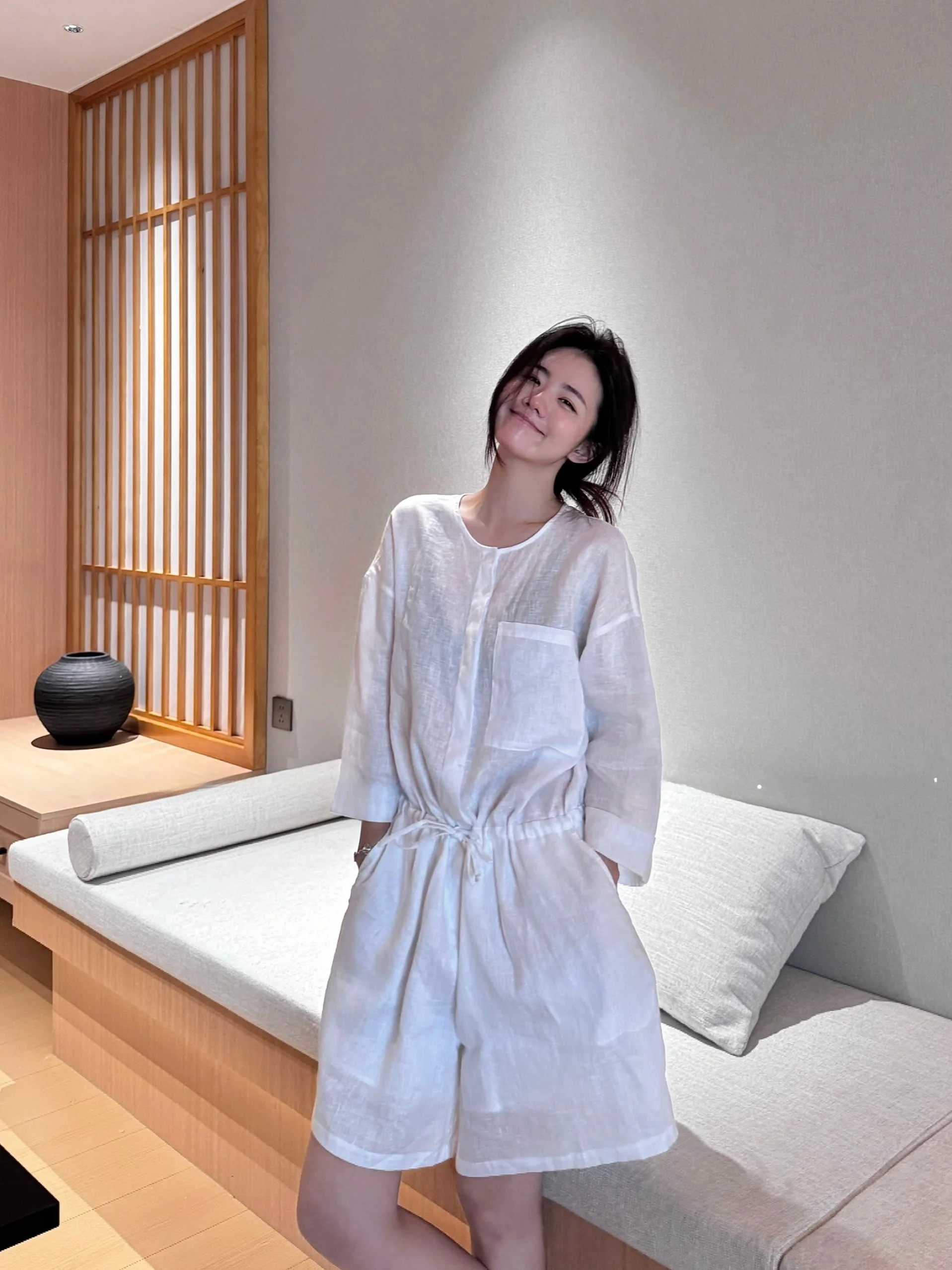 

PEACHZHOU Linen irt round Ne Nine Sve Patch ket Rer Loose Casual Early Autumn Women's Faion Straight Cut ort...