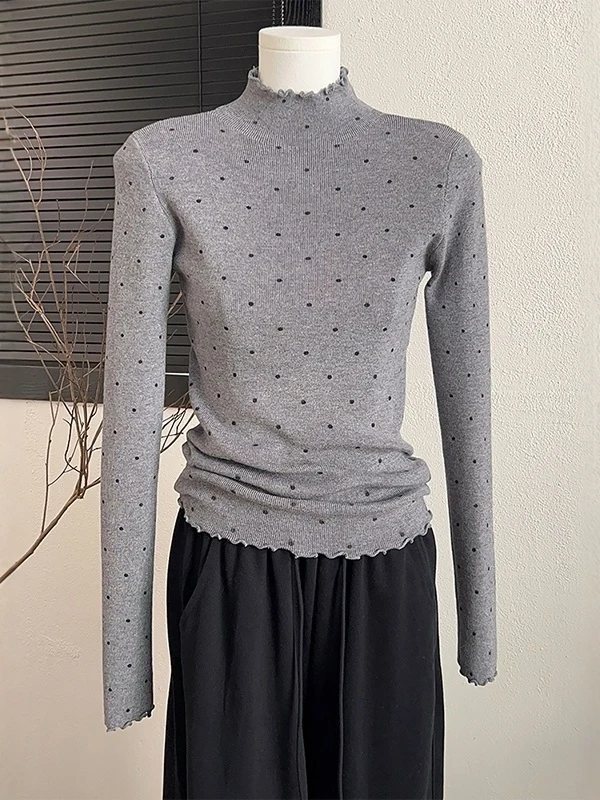 

Женский топ в повседневном стиле с длинными рукавами и вязаным узором в горошек, базовая рубашка больших размеров, универсальная элегантная рубашка корейского бренда