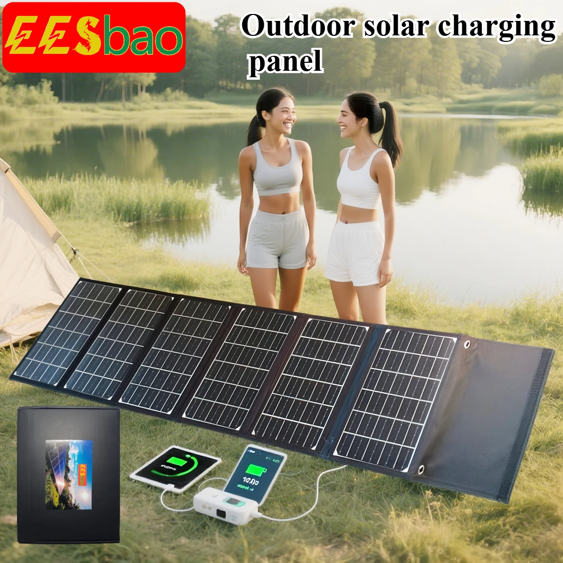EESBAO 60W-100W Solar-Ladegerät, faltbar, tragbar, Powerbank mit USB + DC-Ausgängen, Notfall-Backup für Telefon, Outdoor, Camping