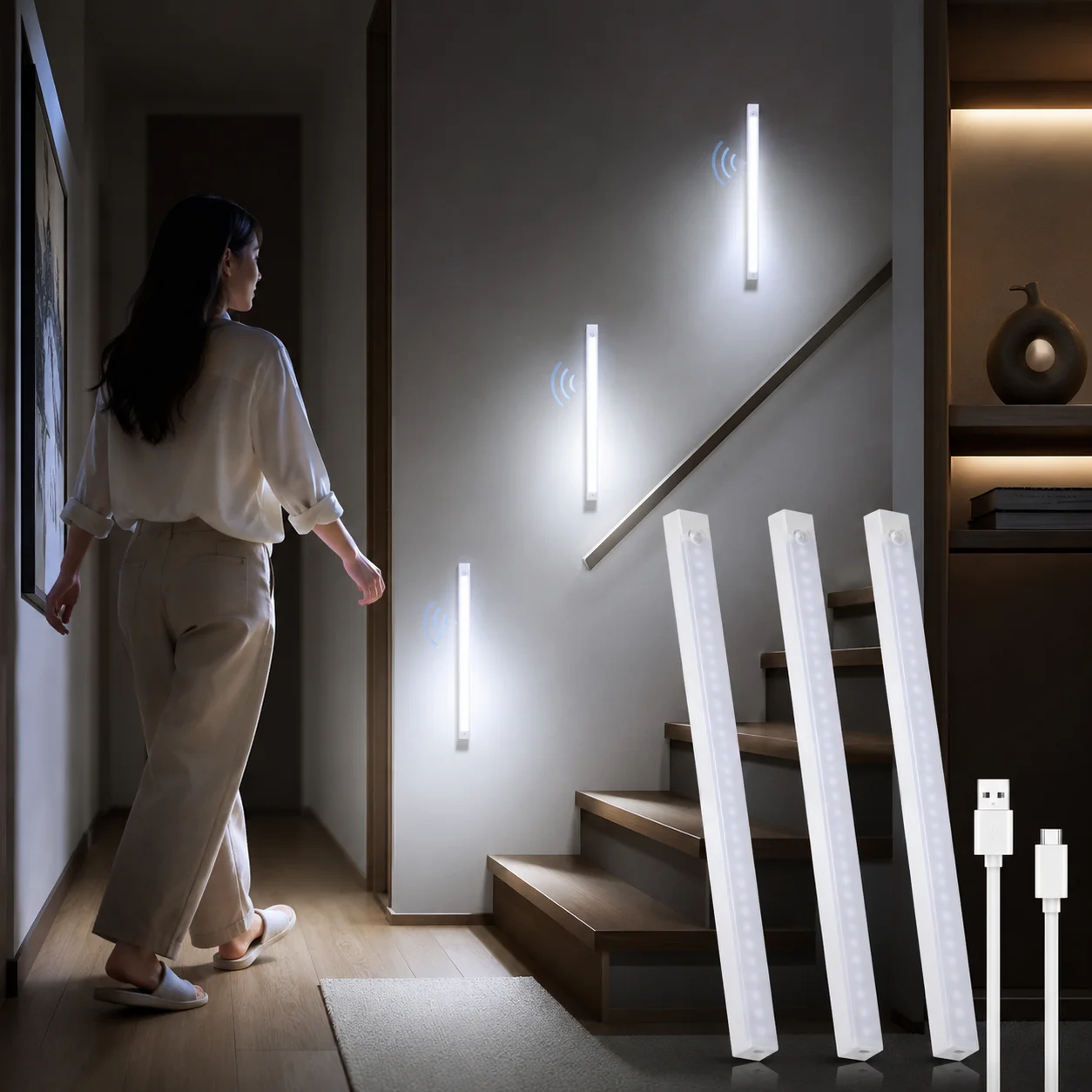 3 Stück USB-Aufladbare LED-Schrankbeleuchtung 50cm - Kabellose Bewegungssensor-Unterbauleuchte 6000K für Küche, Schrank, Treppen