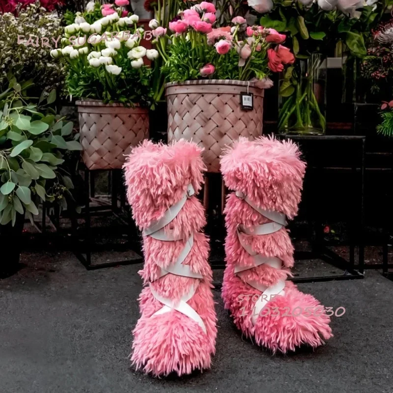 الجلد المدبوغ حزام أبيض وردي طويل الفراء هدية أحذية الفتيات الشتاء الدانتيل الركبة الجوارب اللون الأسود حذاء الثلج المسطح أفخم النساء الربيع تنوعا #3