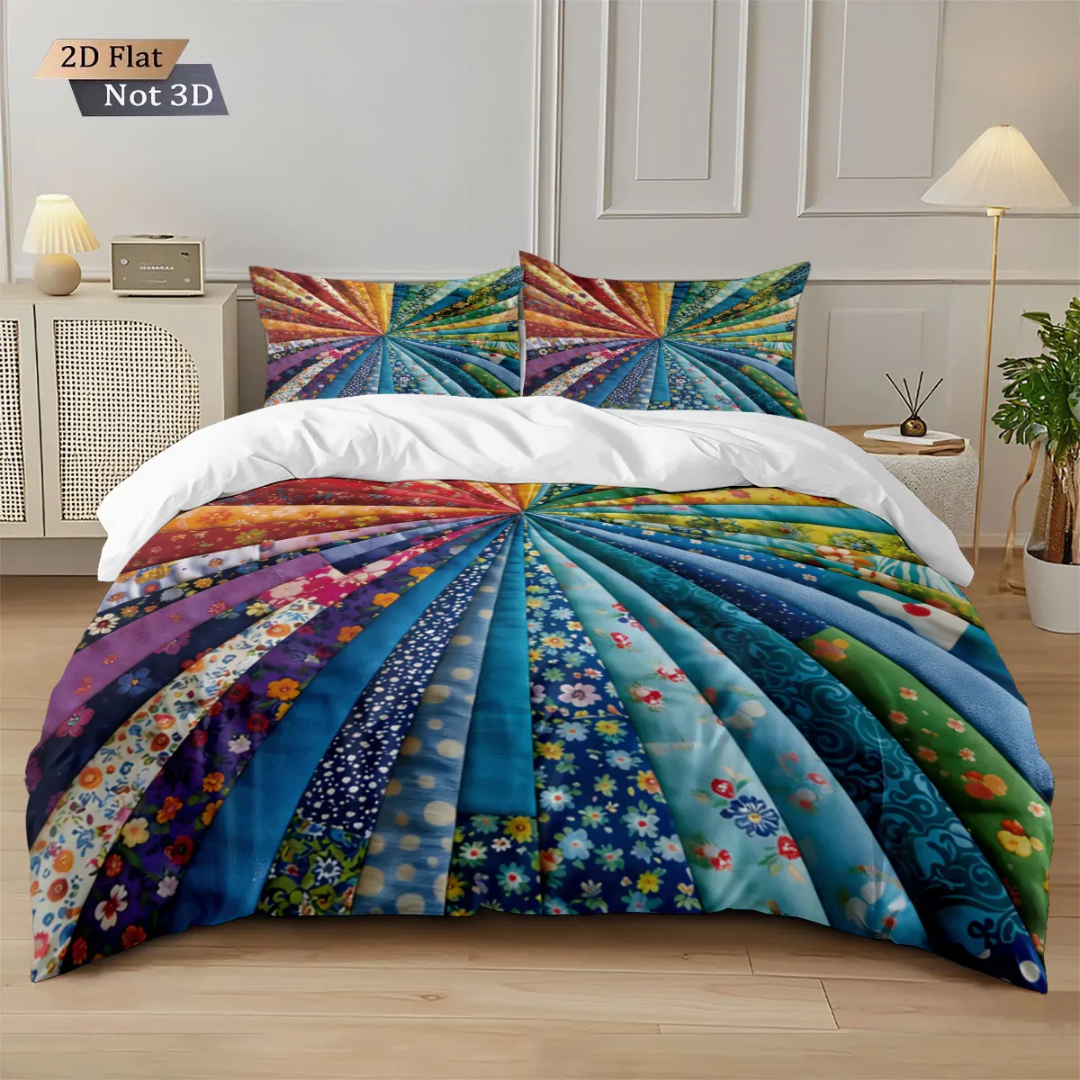 3pcs Color Patchwork Floral Print Coreless Down Duvet Cover Set, Multi Size Bedroom Bedding Decoration, Machine Washable