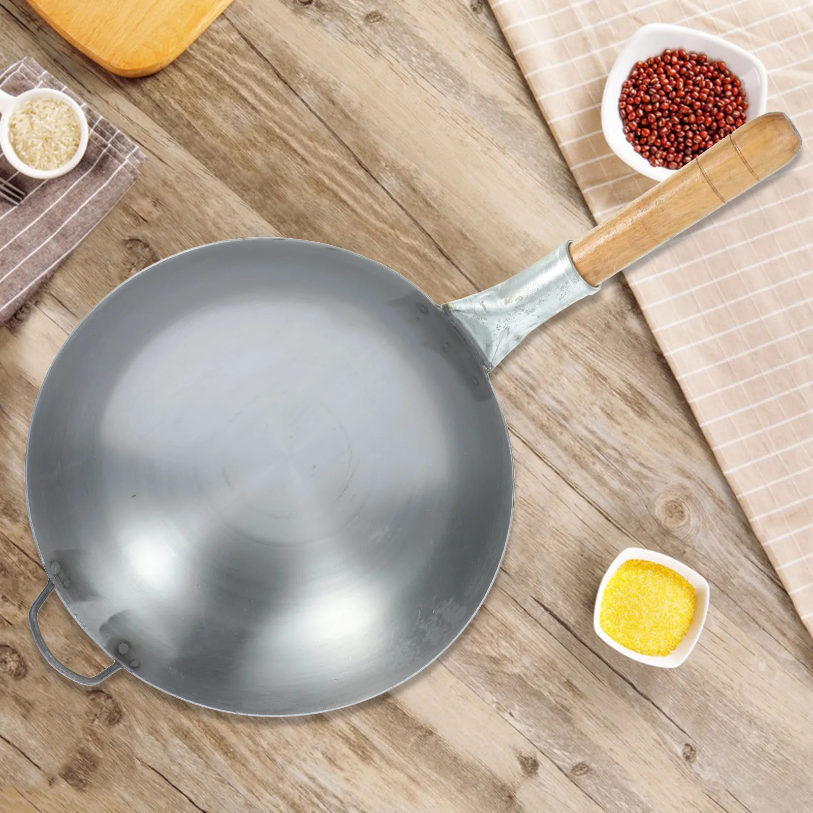 

Чугунная сковорода-вок с деревянной ручкой, 1 шт., для газовой плиты, барбекю, жарки яиц, кухонный гаджет, с антипригарным покрытием