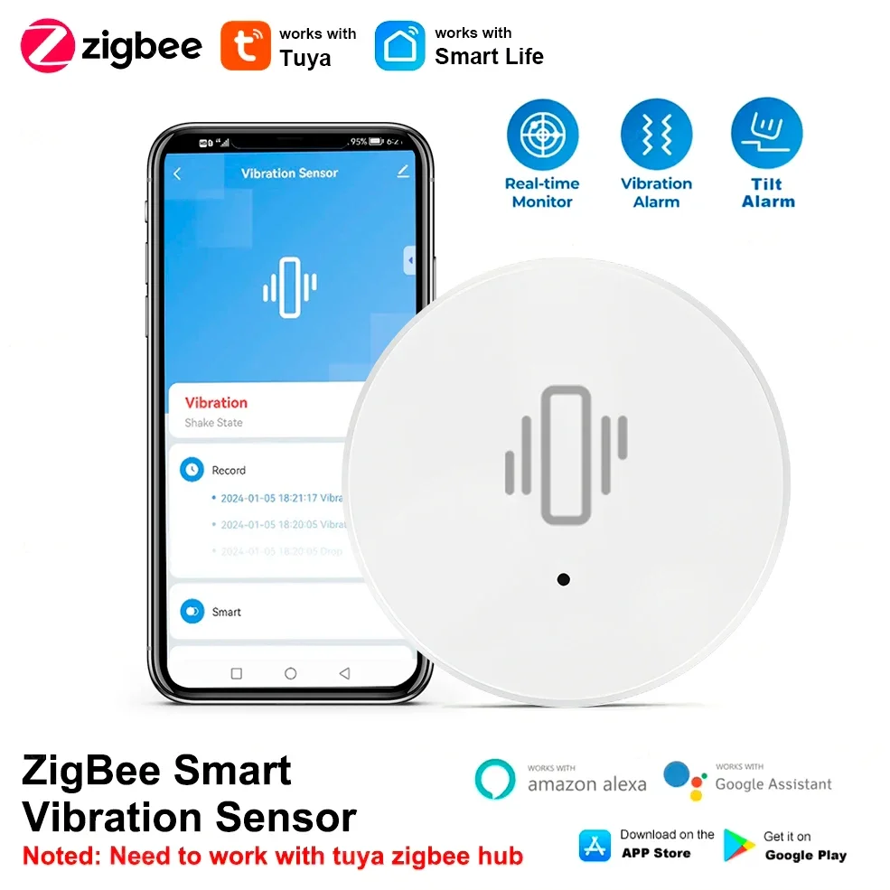 Tuya ZigBee Sensor de vibración inteligente, alarma de detección de monitoreo en tiempo Real, sistema de protección de seguridad para el hogar,